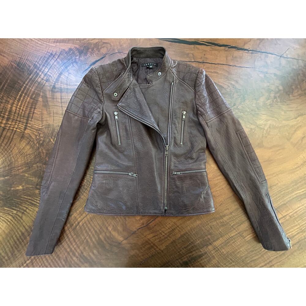 Theory $925 MSRP Quilted Lambskin Leather Moto Jacket Oxblood Brown P S